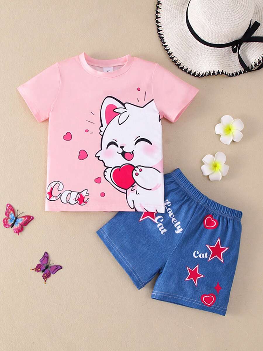 2 件女童休闲“猫”字母和心形猫咪图案 T 恤搭配牛仔效果星星字母心形印花套装，春夏 - 粉色 - 查看 1