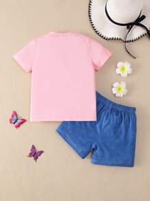 2 件女童休闲“猫”字母和心形猫咪图案 T 恤搭配牛仔效果星星字母心形印花套装，春夏 - 粉色 - 查看 2