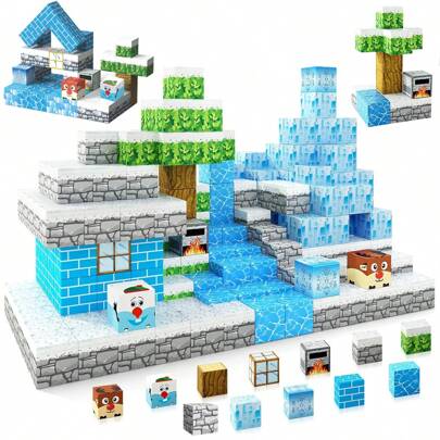 Magnetic Building Block Set To Create Fridge Kingdom World, Kids STEM Sensory Cube Construction Montessori Educational Toy, Build Magnetic Mining World To Improve Problem-Solving Ability, Halloween & Christmas & Birthday Gift, Magnetic Blocks Toy Set, Perfect Sensory DIY Toy For Boys & Girls, Endless Fun (Some Colors & Patterns Randomly Styles)