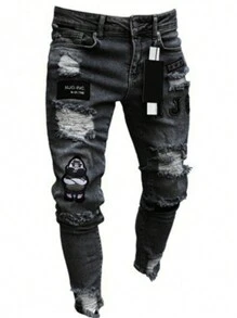 Men's Embroidered Ripped Stretch Jeans, Motorcycle Emblem Embroidery Stretch Skinny Jeans - Black - View 4