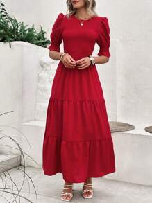 Women's Summer Dress Casual Crewneck Short Sleeve Smock Boho Flowy Dress Spring Summer Holiday Vacation Valentine Going Out Outfits - Red - View 4