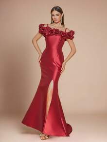 Smilprince 女士优雅红色花瓣领口紧身缎面礼服，高开叉美人鱼正式晚礼服，适合舞会 - 酒紅色 - 查看 3