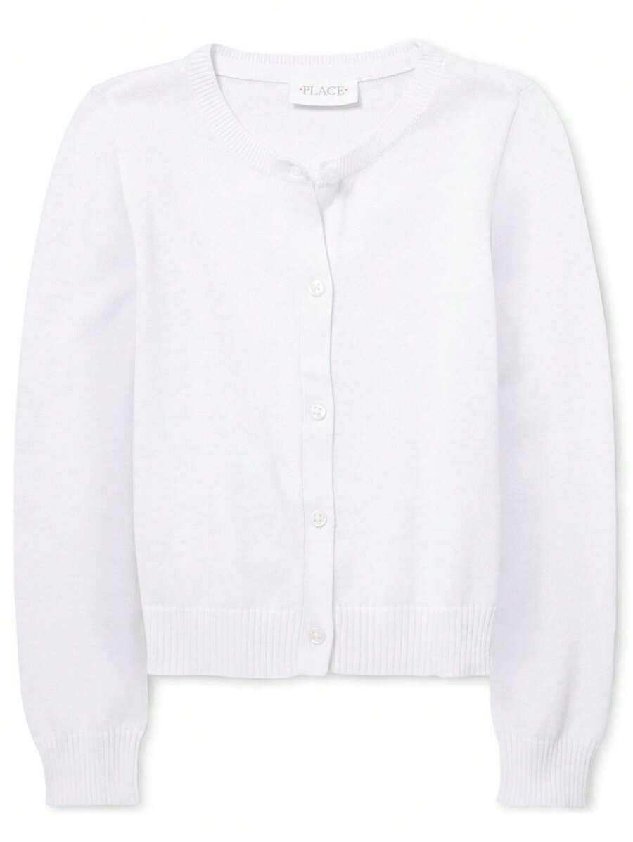 The Children's PLACE Girls Cardigan Button Front Long Sleeve School Uniform Basic - 白色 - 查看 1