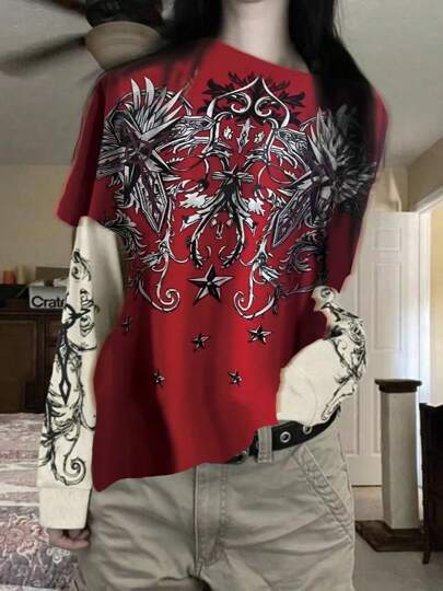 Men's Crew Neck Long Sleeve Solid Color Patchwork Print Simple Casual Top, Daily Wear