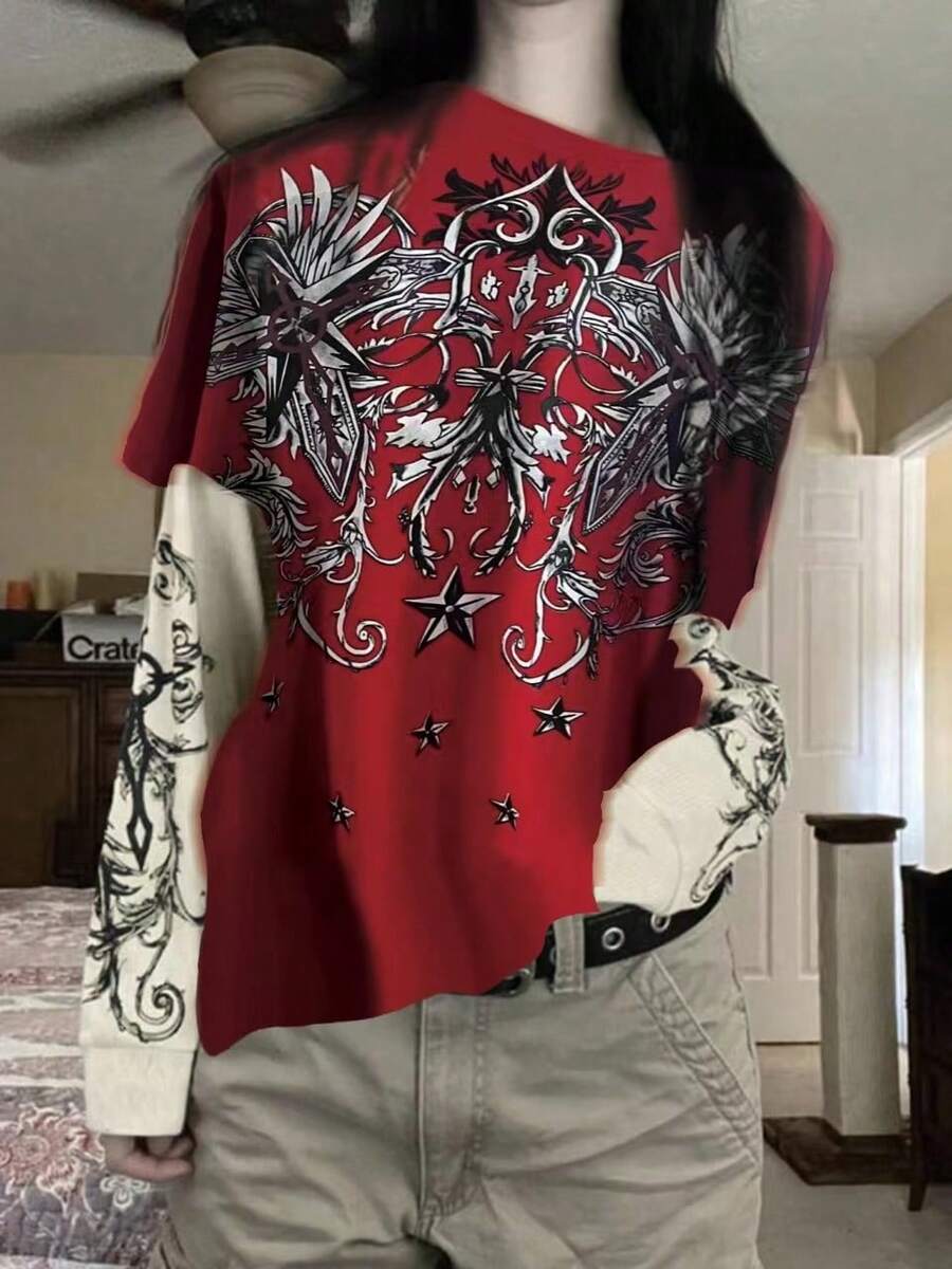 男士圆领长袖纯色拼接印花简约休闲上衣，日常穿着，春假休闲之选 - 紅色 - 查看 1