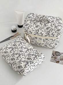 1 Pieza/Set Bolso de maquillaje estilo coreano con estampado floral diminuto negro y cordones decorativos Bolsa de almacenamiento grande y portátil multifuncional para cosméticos, cuidado de la piel, crema solar, esmalte de uñas, joyas, audífonos, artículos pequeños. Regalo ideal para damas de honor, cumpleaños, San Valentín, hermana, amante y amiga
