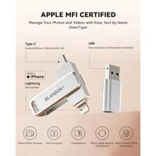 256GB MFi Certified USB C Flash  High-Speed USB C Memory Stick For IPhone IPad Android PC Photo Storage - Silver-512GB - View 2