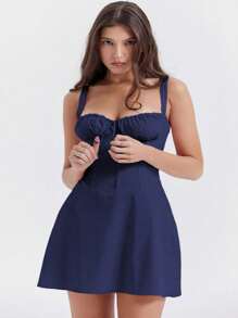 Vestido Corto Elegante De Tirantes De Moda Para Mujer,Vestido Corto de Colores Sólido Para Mujer,Vacaciones en la Playa - Azul Marino - Ver 1