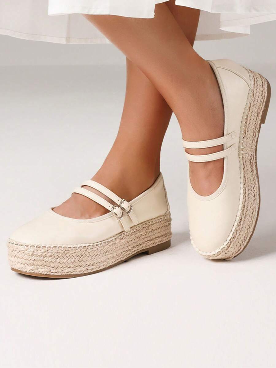 Womens Platform Mary Jane Flats Buckle Strap Round Toe Straw Woven Espadrilles Flats Shoes Women Cute Casual  Dress Ballet Shoes - 杏色 - 查看 1