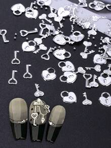 Sliver Heart Lock & Key Nail Art Decoration With 0.8Mm Steel Beads, Valentine'S Day Luxury Heart Lock Key Manicure Charm, Y2K Nail Gems Nail Art Ornaments For Nail Salon, Manicure Art Accessories Tools, Great Gift For Girl And Woman, Nail Supplies Nails Nail Charms