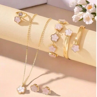 1 Bộ trang sức vòng cổ, hoa tai và vòng tay phong cách cỏ bốn lá cổ điển, quà tặng cho bạn bè