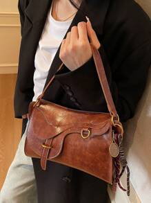 1pc Women Solid Color Retro PU Shoulder Crossbody Bag, Fashion Classic Female Handbag With Removable Keychain Pendant, Fits Phone & Wallet - 棕色 - 查看 3