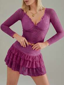 Women Lace Skirt Set Fairycore See Through Off Shoulder Long Sleeve Crop Tops And Mini Skirt Suit 2 Piece Outfits Streetwear - 紫色 - 查看 3
