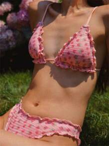 Women 2 Pieces Bikini Swimsuits Floral Print Sleeveless Padded Bra Thong Bottoms Beach Bathing Suit Set - 粉色 - 查看 5