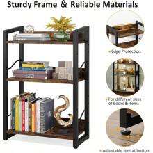 Book Shelf Small Bookshelf: 3-Tier Wood Bookcase Industrial Bookshelf With Edge Protection Metal Narrow Bookshelves Storage Organizer Display Rack For Bedroom Home Office (Rustic Brown)