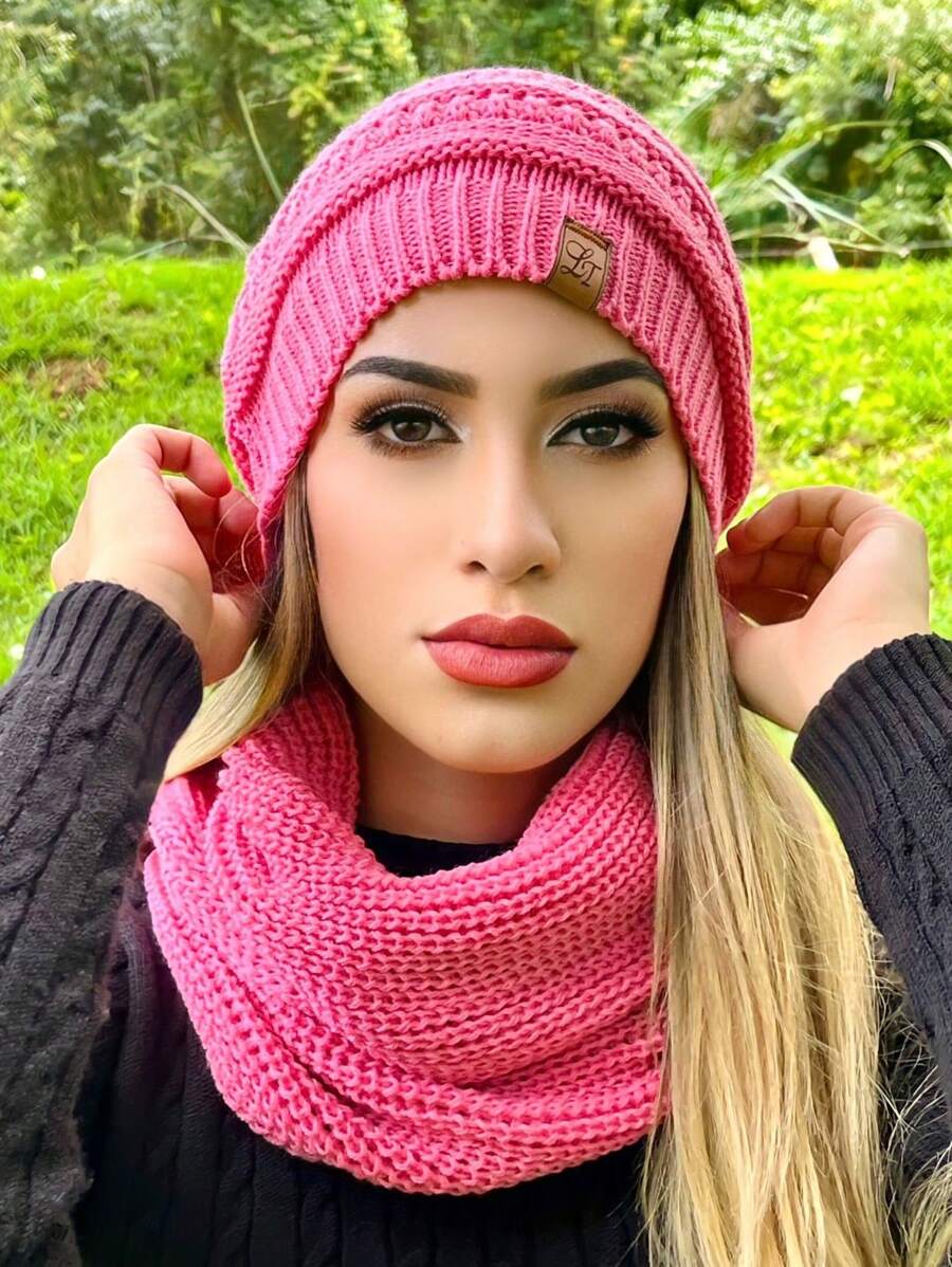 Unisex Knit Infinity Beanie And Scarf Set Soft Wool Winter Fashion - Rosa - Ver 1
