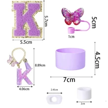 （紫色 6 件套）可爱硅胶杯配件，适用于 30 盎司和 40 盎司水瓶，包含字母吊坠、防漏硅胶材质、吸管盖和装饰字母贴纸 - 彩色 - 查看 7