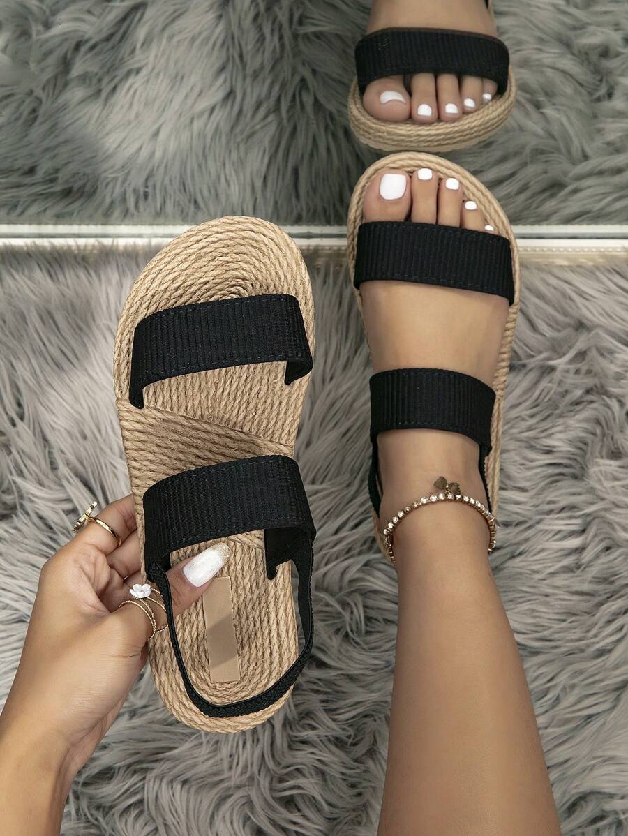 Women Summer Sandals Outdoor Beach Slip-On Shoes Rope Bottom Slippers - Black - View 1