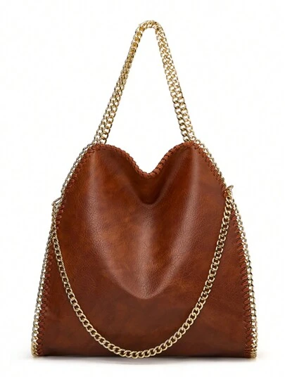 Vintage Woven PU Leather Shoulder Bag, Casual Chain Crossbody Bag, Large Capacity Tote Bag, Foldable Soft Handbag With Gold Chain For Women