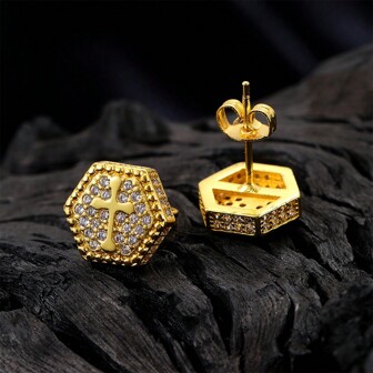 2pcs Hip-Hop Cross Luxury Cubic Zirconia Hexagon Stud Earrings, Fashionable Minimalist Personalized Earrings For Men & Women
