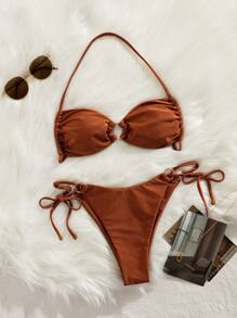 全新软包装纯色金属环环吊带优雅派对比基尼套装夏季海滩时尚女士比基尼