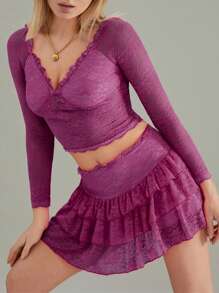 Women Lace Skirt Set Fairycore See Through Off Shoulder Long Sleeve Crop Tops And Mini Skirt Suit 2 Piece Outfits Streetwear - 紫色 - 查看 4