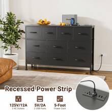 GIKPAL 10 Drawer Dresser For Bedroom, Dresser TV Stand With Power Outlets, Entertainment Center Chest Of Drawers For 55'' Long TV, Wide Fabric Dresser For Storage And Organization - PU đen - Xem 3