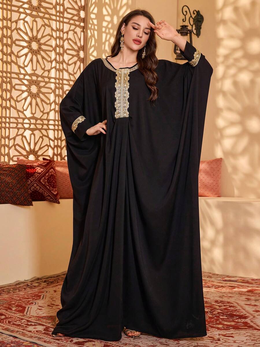 Women's /Arabian Style Embroidered Trim Fashion Dress/Robe - Black - View 1