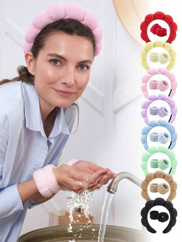 3 stuks Spa-hoofdband voor het wassen van het gezicht Polsbandset, Bubble Skincare-hoofdbanden met gezichtsreinigingspolsbandjes, sponsachtige, opgeblazen hoofdband voor vrouwenhuidverzorging