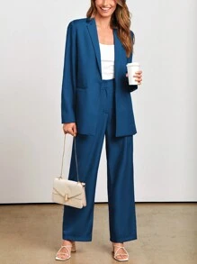Women's Spring Two-Piece Work Suit Casual Loose Long Suit Jacket And Formal Wide Leg Pant Suit With Pockets - Màu xanh chàm - Xem 3