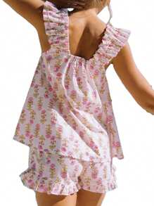 Women Floral Print Summer Set Square Neck Flutter Sleeve Loose Tank Tops Ruffled Shorts 2-Piece Outfits - Pink - View 6