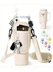 1 pieza de bolsa portadora de botella de agua con bolsillo para teléfono + 1 pieza de funda de pajita de color aleatorio para vaso aislado de 40/30 Oz, funda de botella de agua de neopreno con correa ajustable, gancho para llaves, adecuado como regalo de Navidad, regalo de Año Nuevo