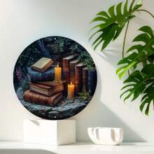 1 件装饰艺术图书馆主题装饰 - 8x8 英寸圆形平面标牌，适用于办公室、家庭、墙壁艺术装饰 - 防水、无需电源、上、下、左、右随机有孔