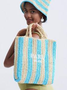 Borsa di paglia intrecciata a mano a righe, per la primavera e l'estate, con ricamo a lettere, borsa a tracolla da spiaggia per vacanze, dai colori contrastanti, piccola borsa intrecciata in carta (pendente non incluso)