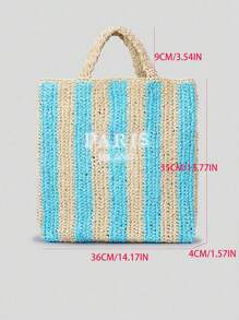 Borsa di paglia intrecciata a mano a righe, per la primavera e l'estate, con ricamo a lettere, borsa a tracolla da spiaggia per vacanze, dai colori contrastanti, piccola borsa intrecciata in carta (pendente non incluso)