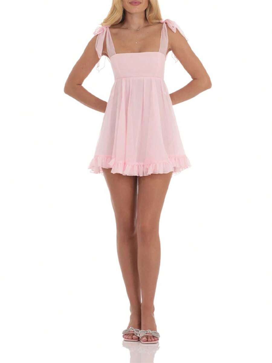 Women Spaghetti Straps Mini Dress Striped/Floral Print Sleeveless Backless Club Party Short Dress - Hồng - Xem 1