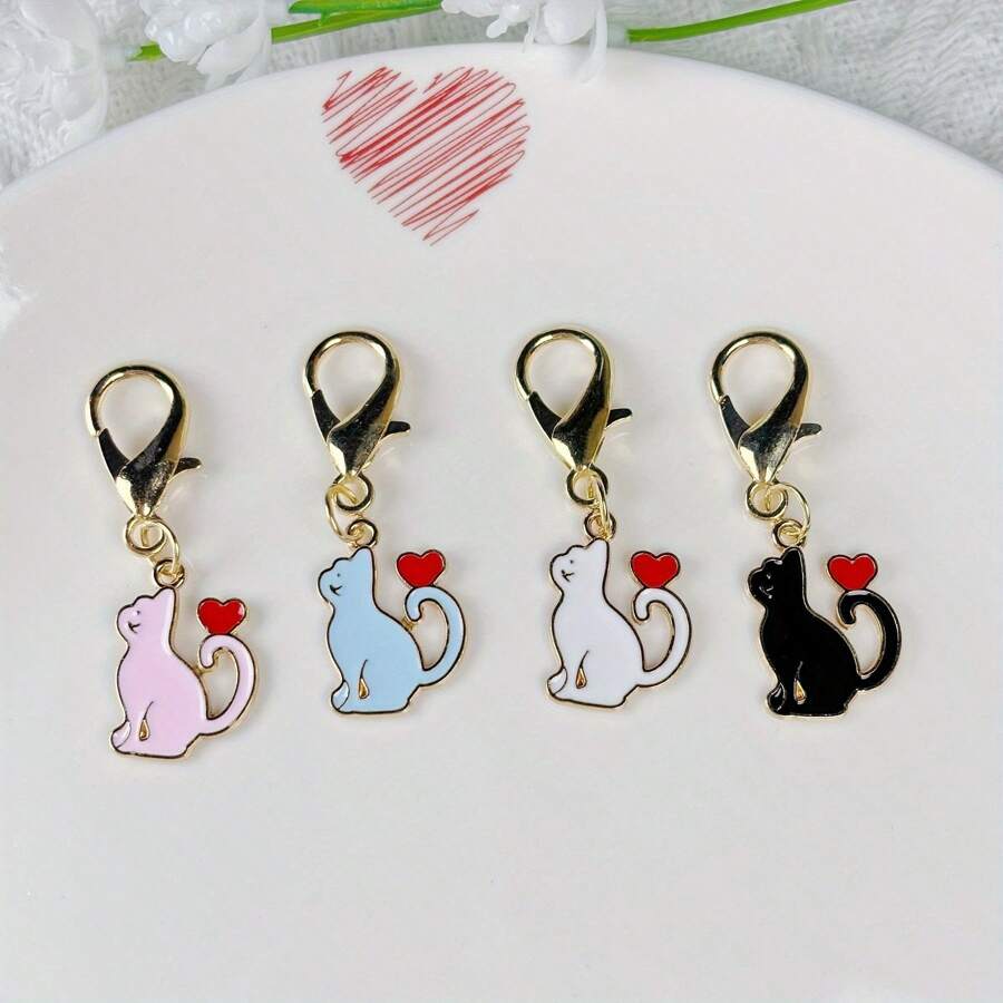 4pcs Cute Cat Heart Pendant Keychain, Unique Cat Tail Heart Shape Keyring, Minimalist Style Bag Charm, Sweet Gift For Girlfriend, Boyfriend, Darling, Friend On Valentine's Day, Easter, Back To School, Key Chain Party Favor - Multicolor - View 1