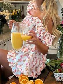 Women Floral Print Summer Set Square Neck Flutter Sleeve Loose Tank Tops Ruffled Shorts 2-Piece Outfits - Pink - View 5