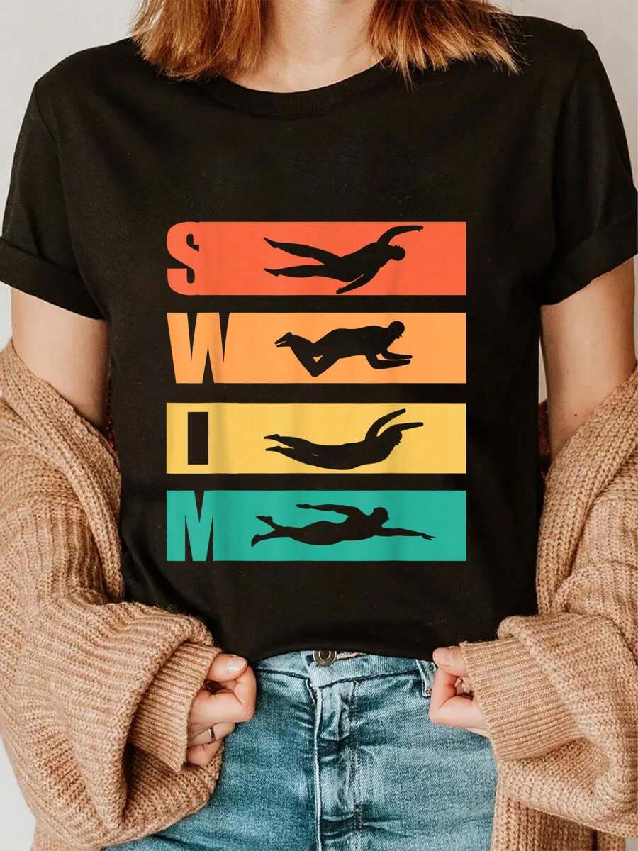 Funny Swim Retro Vintage Swimming For Swimmers T-Shirt - Black - View 1
