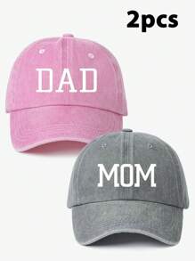 2 件装 DAD+MOM 印花复古棒球帽，时尚爸爸妈妈帽子，可调节尺寸，男女通用户外日常穿着，节日礼物 - A - 查看 9