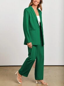 Women's Spring Two-Piece Work Suit Casual Loose Long Suit Jacket And Formal Wide Leg Pant Suit With Pockets - Green - View 5