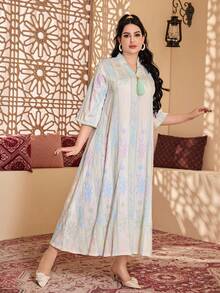 优雅刺绣彩色印花阿拉伯女式连衣裙 JALABIA 流苏饰边 V 领清新白色长袍，2025 年沙特国庆长袍最新设计 - 米色 - 查看 6