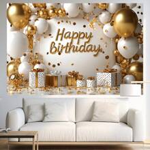 1pc Shiny Gold Balloon Birthday Party Backdrop Banner, New Multi-Functional Polyester Photography Background Curtain, Suitable For Birthday Party Decoration, Luxury Elegant Birthday Celebration Decoration And Portrait Photography Studio Background, No Electricity Required,Christmas