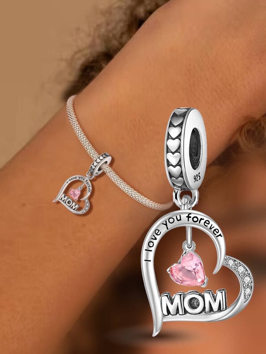 1Pc Fashionable 925 Sterling Silver Sparkling Mom Heart Pendant Charm Bead Fit For Women Bracelets Bangles DIY Jewelry Making And Daily Outfit Matching Jewelry Decoration For Girls Valentines