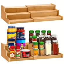 Spice Rack Kitchen Cabinet Organizer- 3 Tier Bamboo Expandable Display Shelf, Bamboo 3-Layer Adjustable Spice Rack