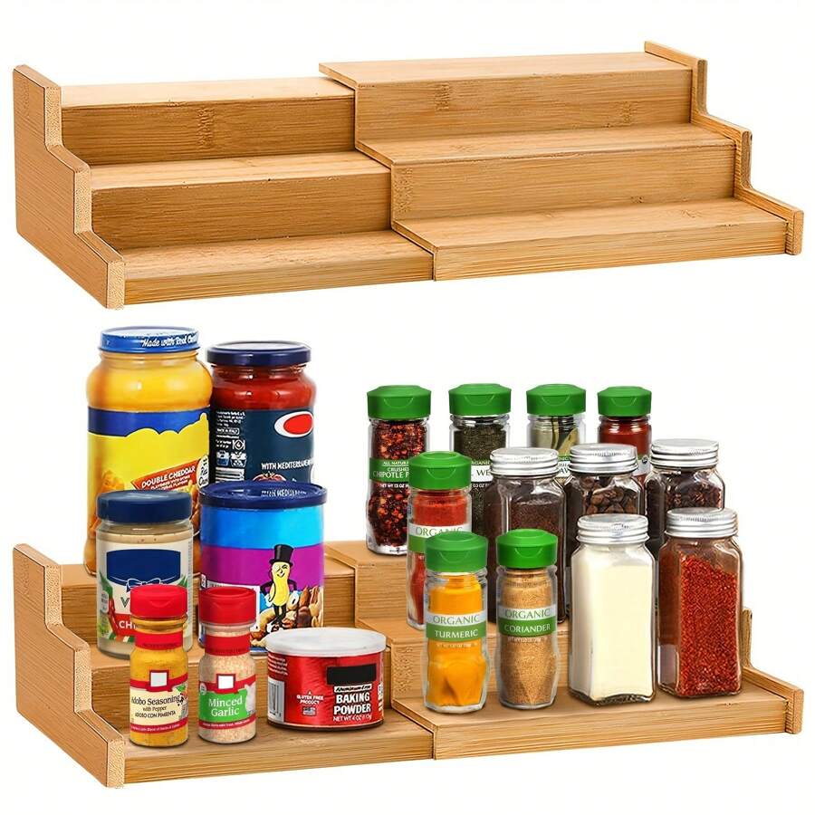 Spice Rack Kitchen Cabinet Organizer- 3 Tier Bamboo Expandable Display Shelf, Bamboo 3-Layer Adjustable Spice Rack