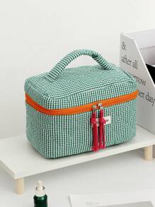 1Pc/Set Plaid Design Green Color Contrast With String Multi-Functional Cosmetic Organizer Handbag Bath Shower Wallet Pouch Portable Cosmetics Brush Storage Clutch With Zipper Closure For Lipstick, Brush, Skincare, Mobile Phone, Coin, Small Items Summer Travel, Vacation Home Bathroom Decor Holiday Bathroom Accessories Back To School