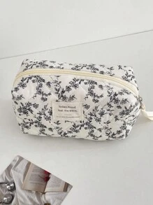 1 Pieza/Set Bolso de maquillaje estilo coreano con estampado floral diminuto negro y cordones decorativos Bolsa de almacenamiento grande y portátil multifuncional para cosméticos, cuidado de la piel, crema solar, esmalte de uñas, joyas, audífonos, artículos pequeños. Regalo ideal para damas de honor, cumpleaños, San Valentín, hermana, amante y amiga