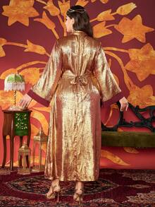 Plus Size Stand Collar Color Block Floral Embroidery Elegant Long Sleeve Arabian Dress - Gold - View 4