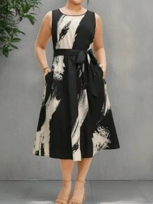 Vestido elegante con bloque de color y cuello redondo para mujer talla grande - Negro - Ver 3